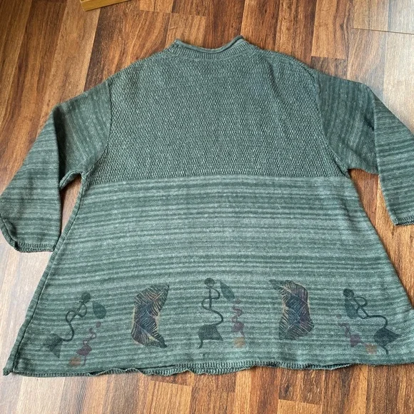 Blue Fish hand painted cotton linen blend green roll neck sweater One Size EUC